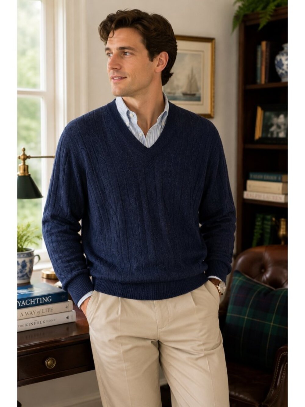 Bullock & Jones Linen Silk V-Neck Cable Knit Sweater Blue Men’s Large Made in US